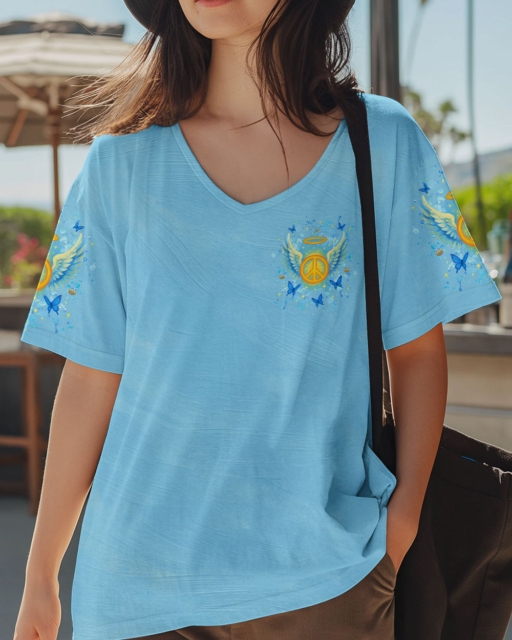 I Believe There Are Angels Among Us Blue Peace Symbol Design for Women AOP Shirts _4_ EqXfs