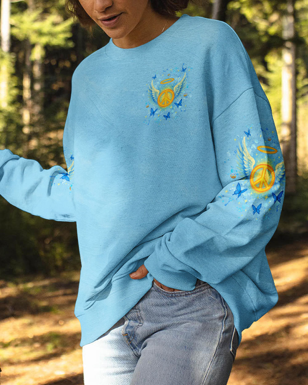 I Believe There Are Angels Among Us Blue Peace Symbol Design for Women AOP Shirts _8_ No5Iq