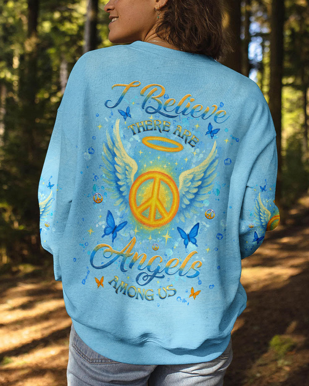 I Believe There Are Angels Among Us Blue Peace Symbol Design for Women AOP Shirts _9_ kUEZg