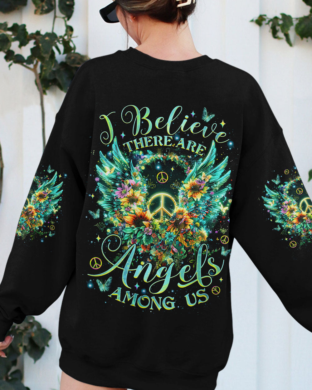 I Believe There Are Angels Among Us Butterfly Flower Wings Peace AOP Shirts _3_ 01fMQ