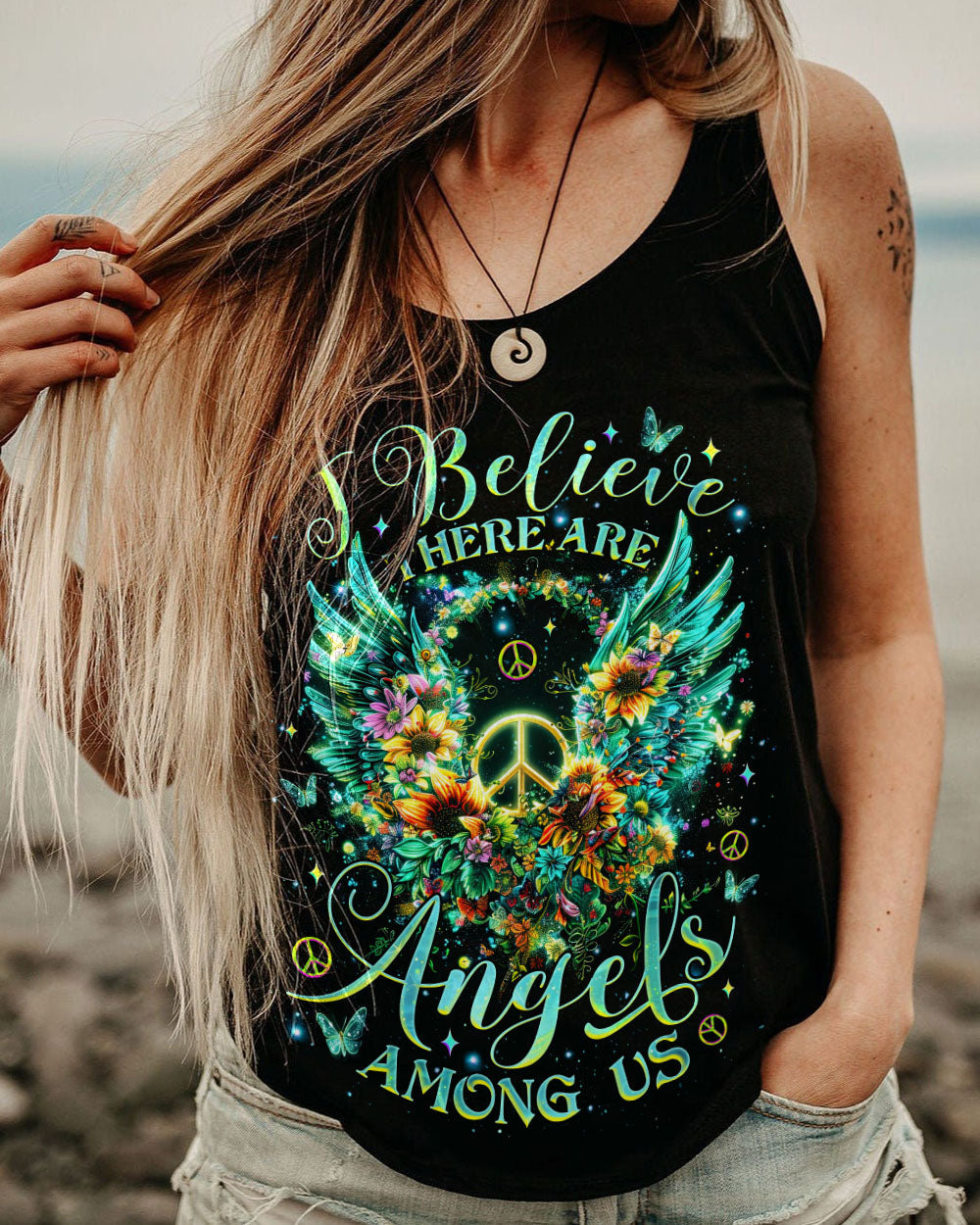 I Believe There Are Angels Among Us Butterfly Flower Wings Peace AOP Shirts _6_ 8nJJe