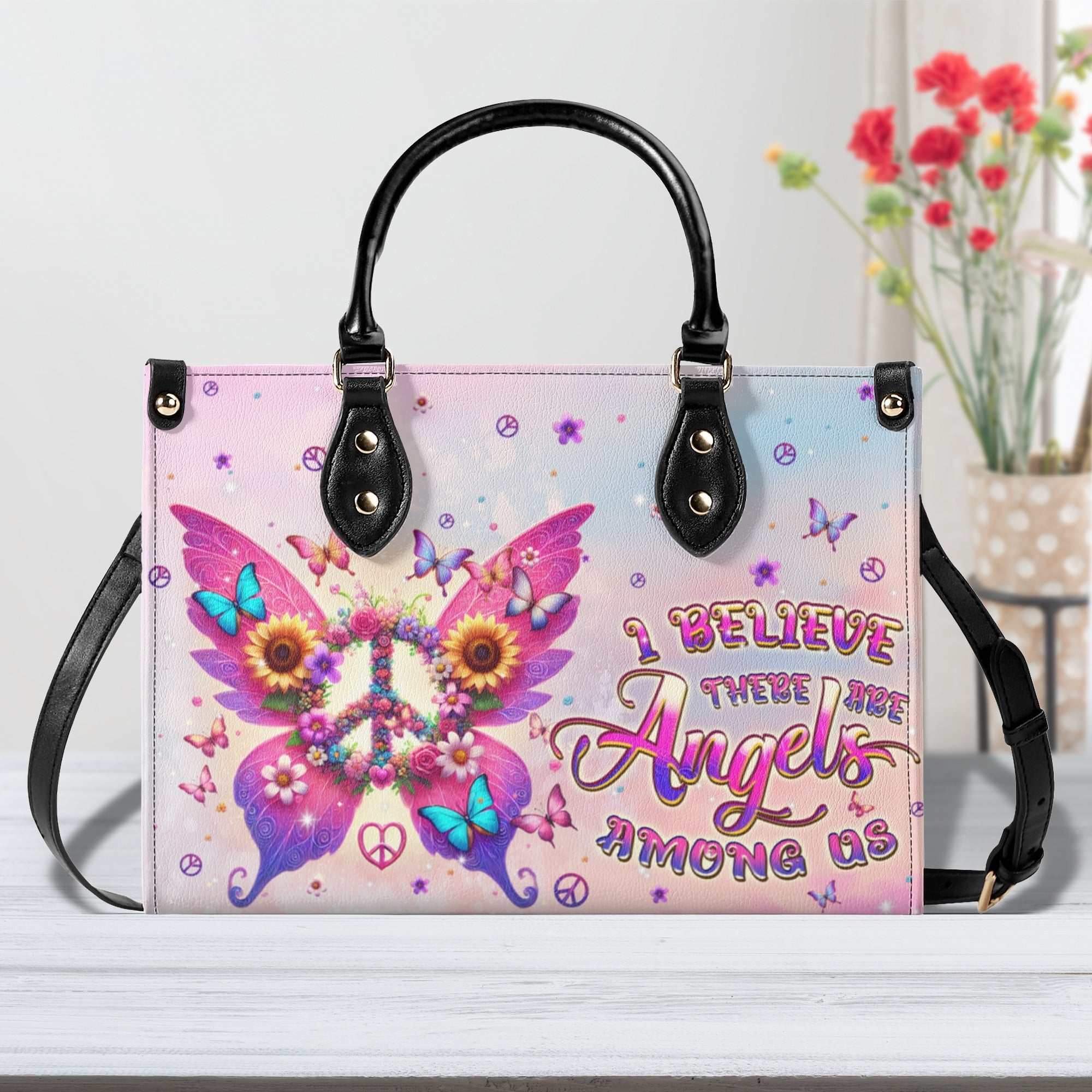 I Believe There Are Angels Among Us Butterfly Peace Sign Hippie Leather Bag _5_ sGxKa