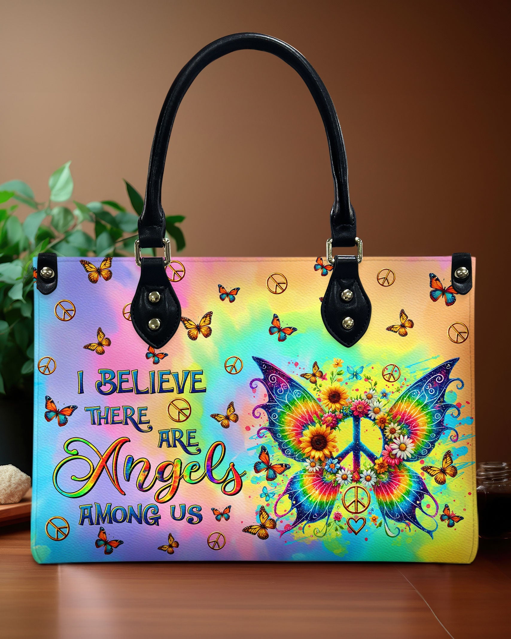 I Believe There Are Angels Among Us Colorful Peace Butterfly Hippie Leather Bag _1_ OOovK