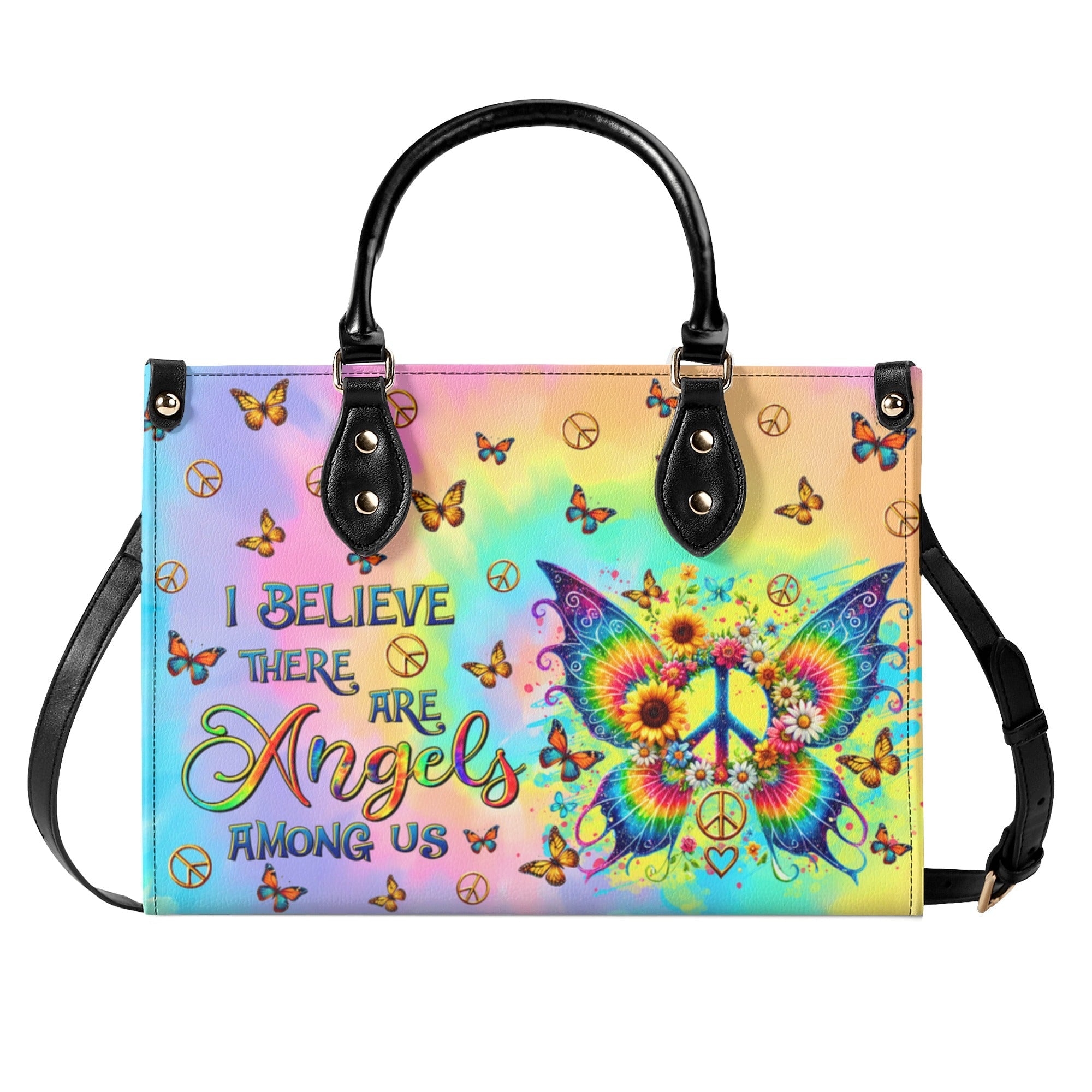 I Believe There Are Angels Among Us Colorful Peace Butterfly Hippie Leather Bag _7_ Qd5PN