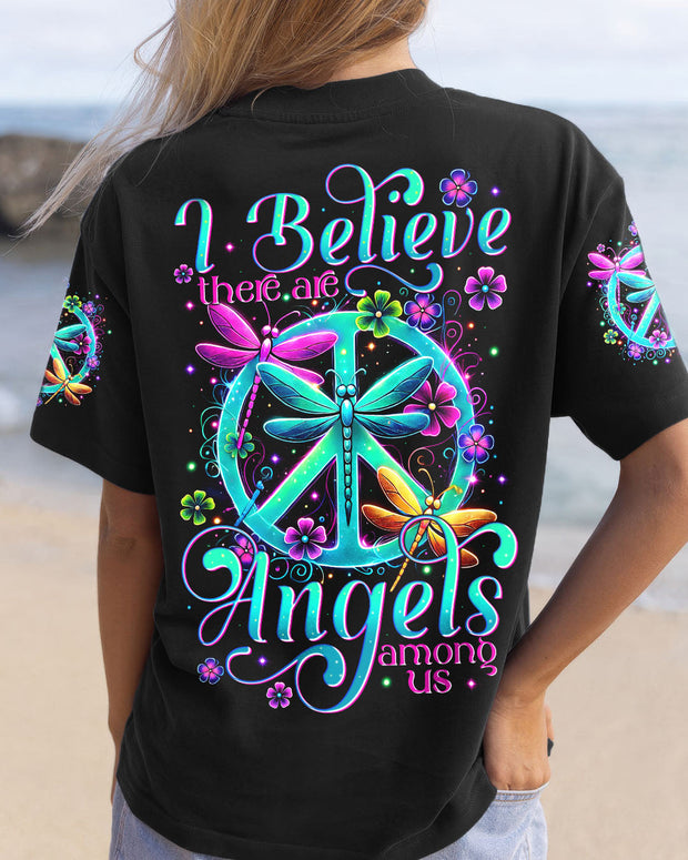 I Believe There Are Angels Among Us - Dragonfly Neon Peace Symbol - AOP Shirts
