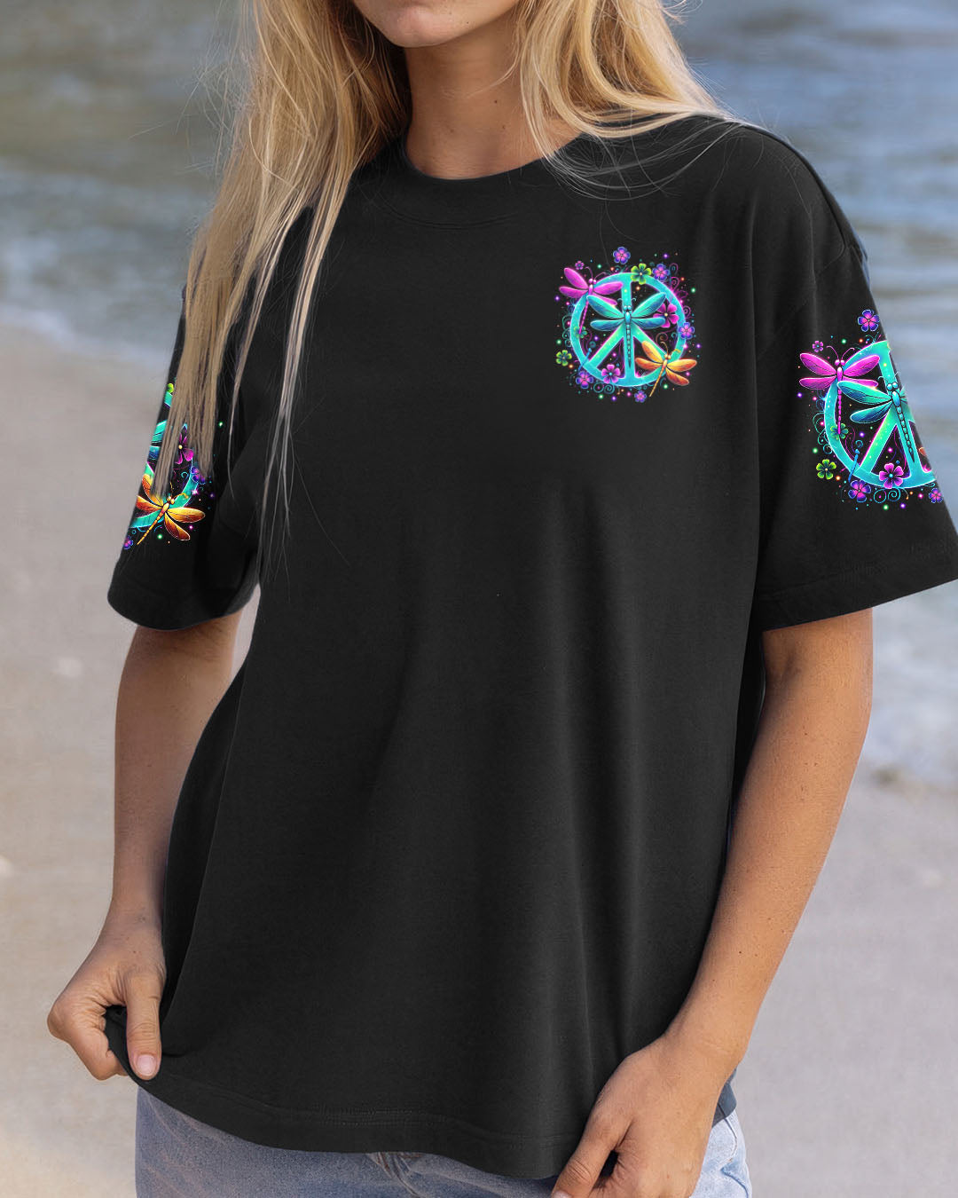 I Believe There Are Angels Among Us Dragonfly Neon Peace Symbol AOP Shirts _2_ 9kvtI