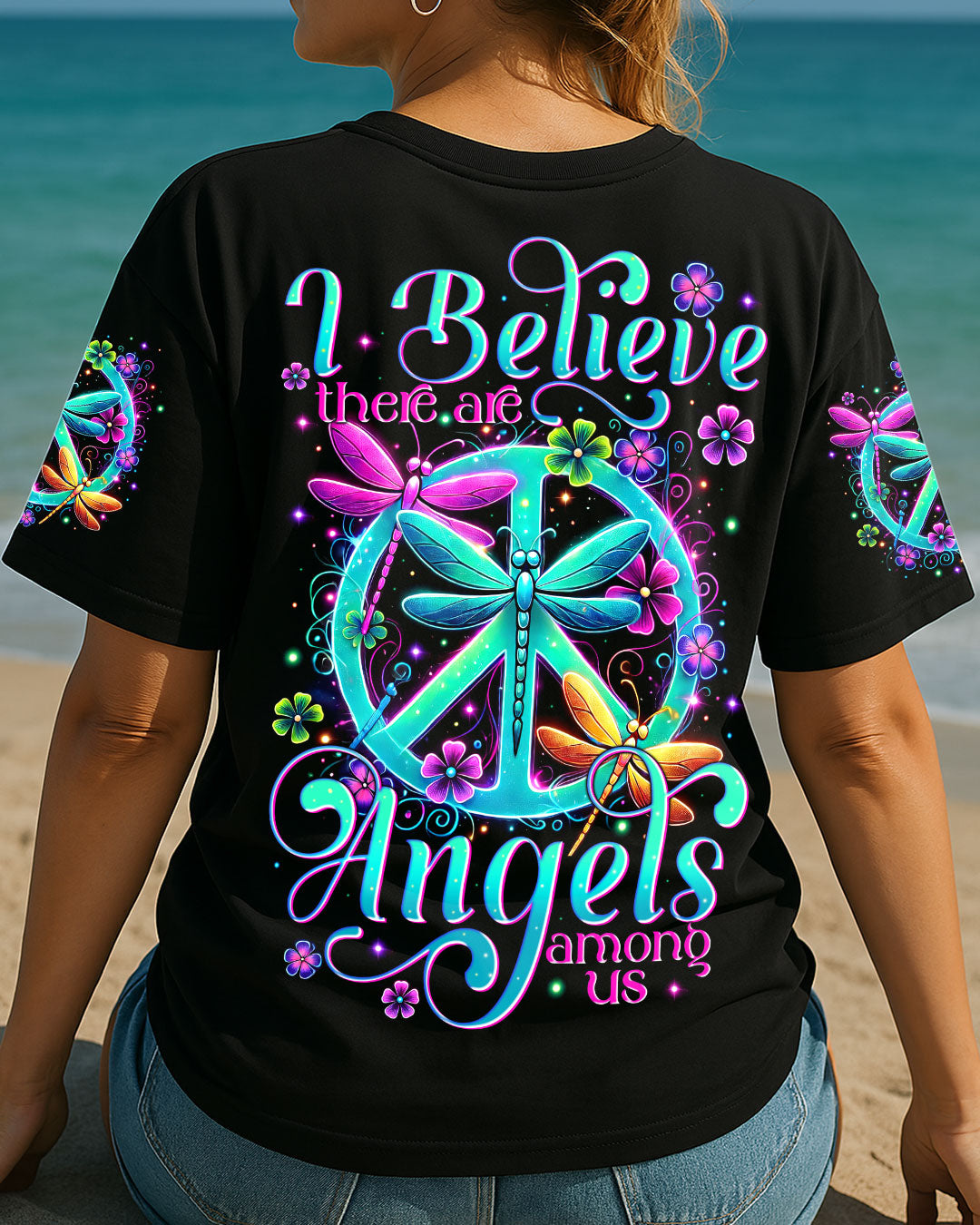 I Believe There Are Angels Among Us Dragonfly Neon Peace Symbol AOP Shirts _3_ 47mLt