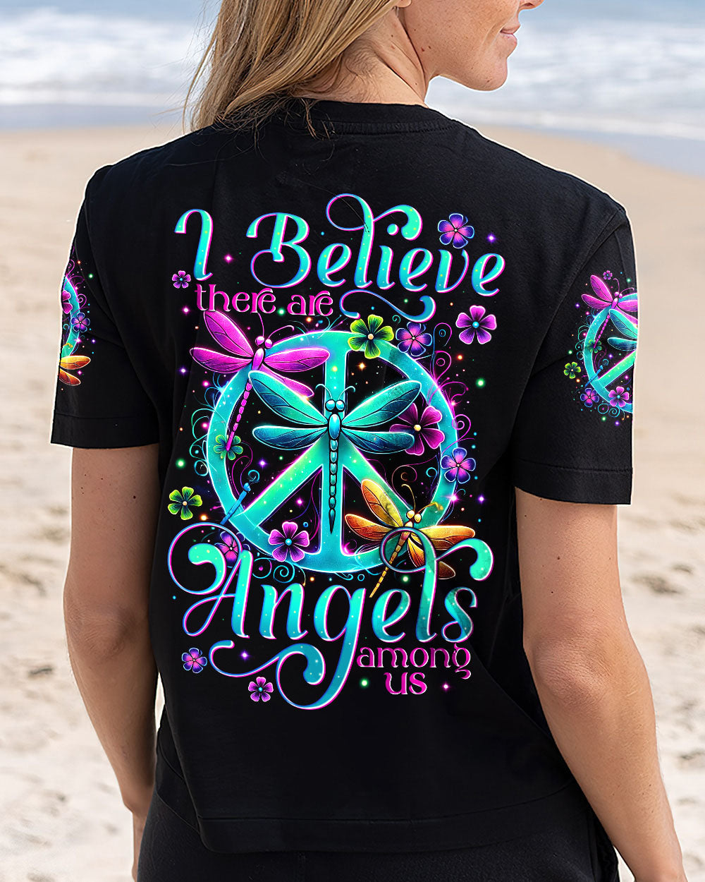 I Believe There Are Angels Among Us Dragonfly Neon Peace Symbol AOP Shirts _5_ KqUsf