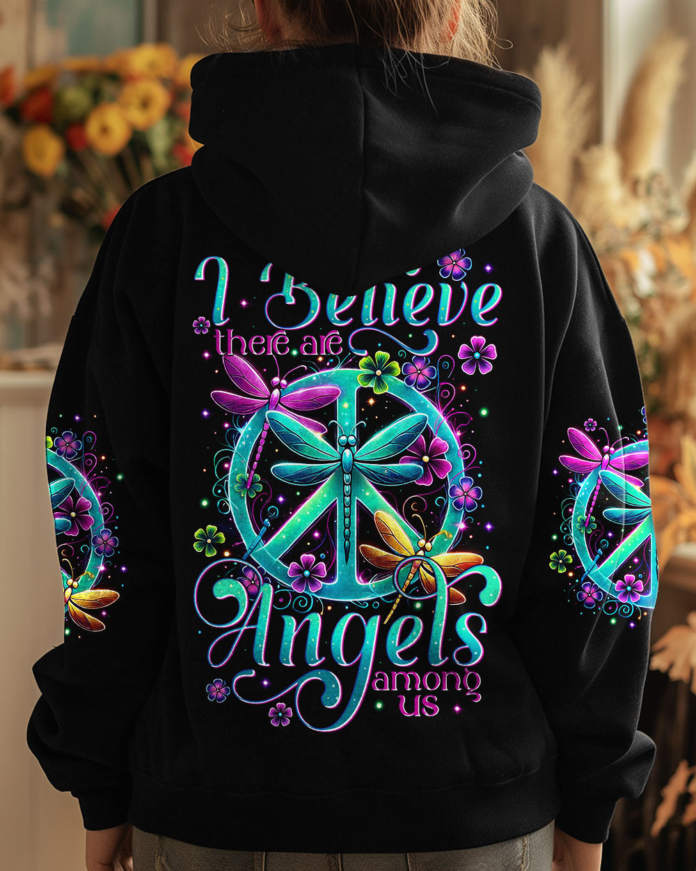 I Believe There Are Angels Among Us Dragonfly Neon Peace Symbol AOP Shirts _7_ BNJje