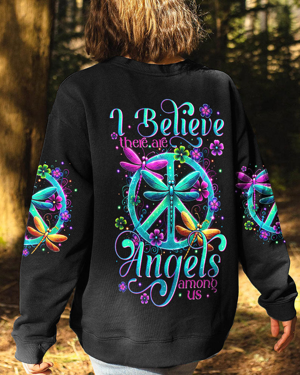 I Believe There Are Angels Among Us Dragonfly Neon Peace Symbol AOP Shirts _9_ 11CB4