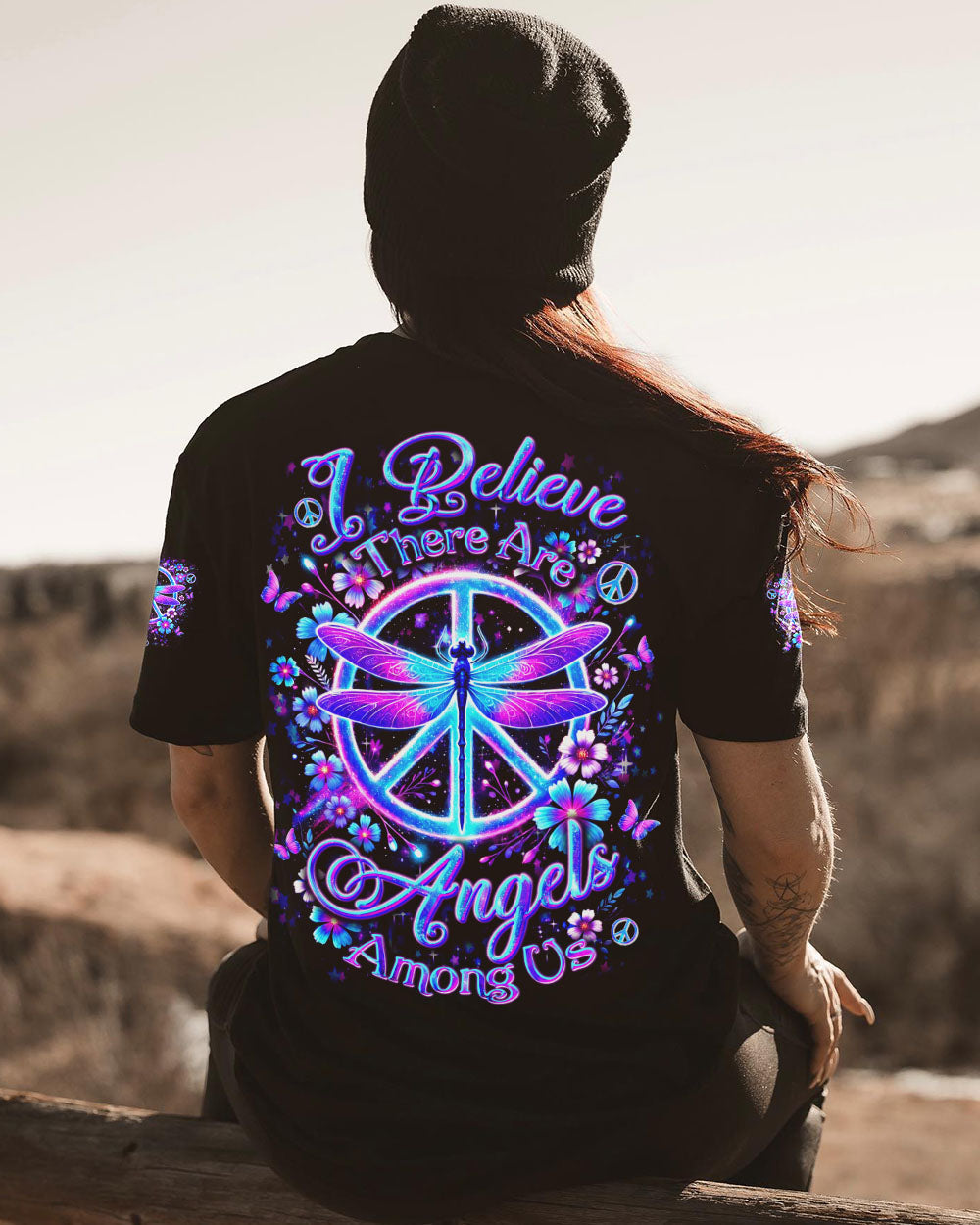 I Believe There Are Angels Among Us Dragonfly and Peace Sign AOP Shirts _1_ nOu4W
