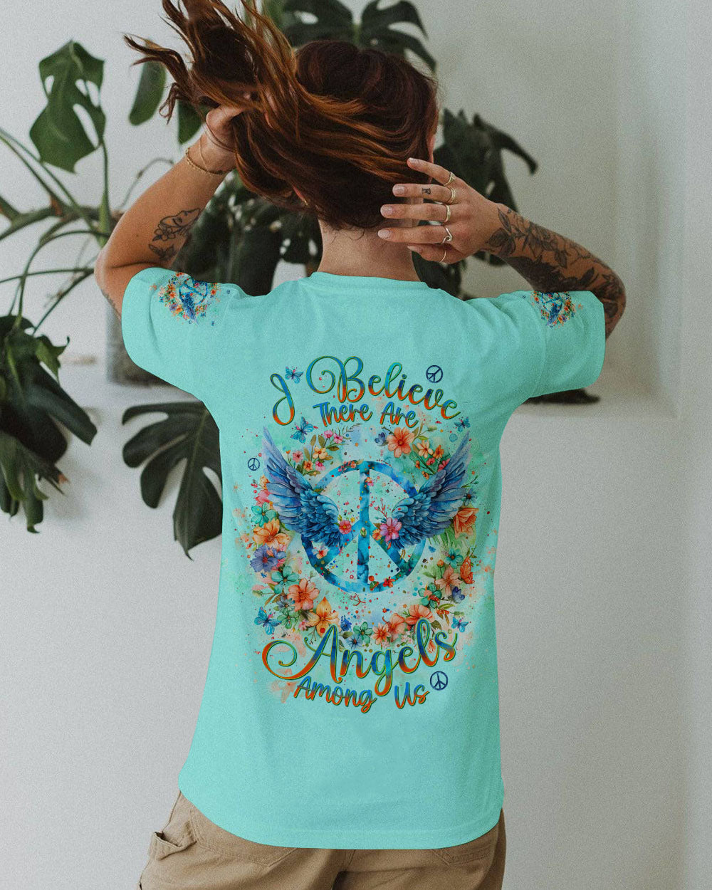 I Believe There Are Angels Among Us Floral Peace Sign Wings AOP Shirts _11_ VDZJ5