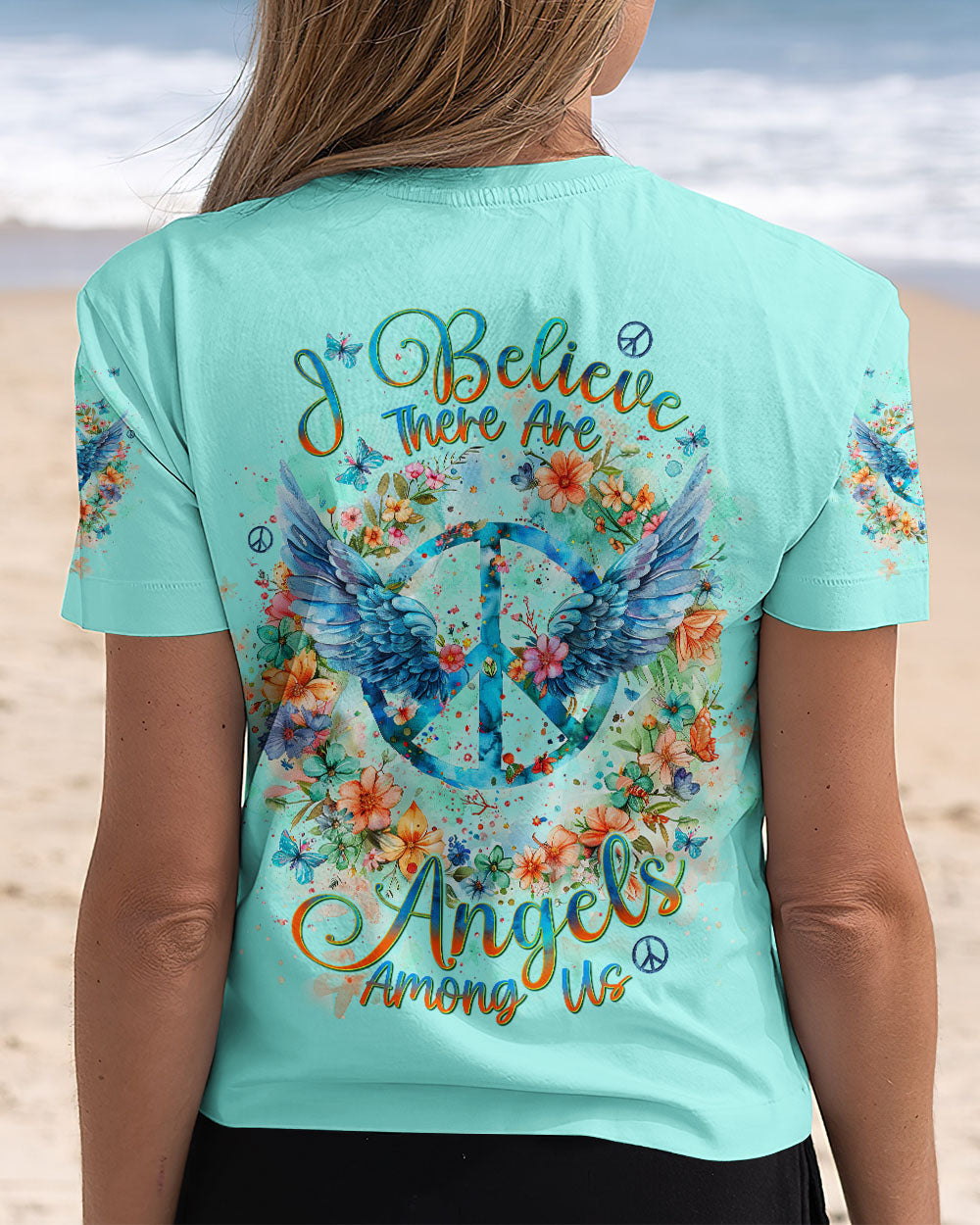 I Believe There Are Angels Among Us Floral Peace Sign Wings AOP Shirts _13_ DH3rU