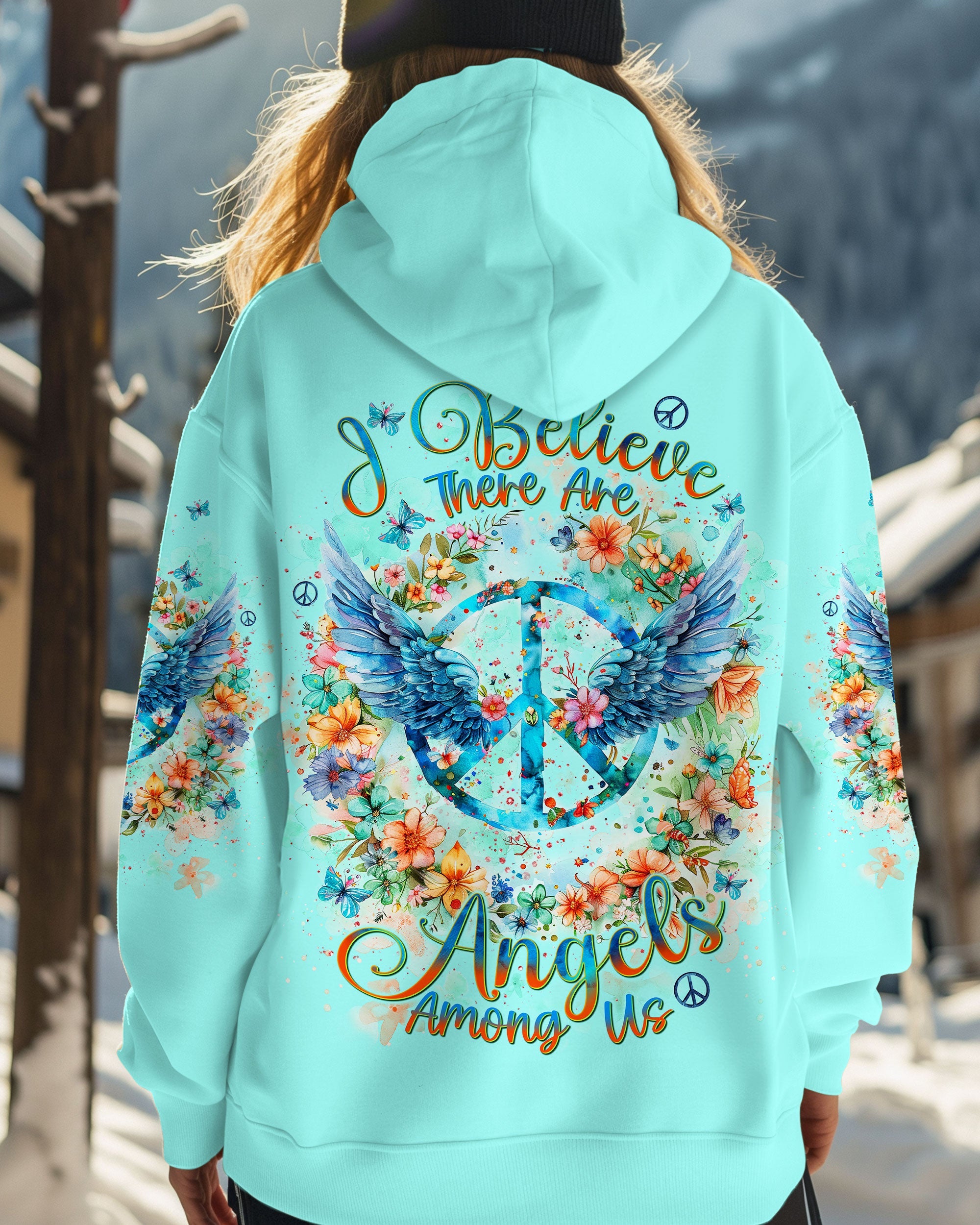 I Believe There Are Angels Among Us Floral Peace Sign Wings AOP Shirts _1_ BXCBV