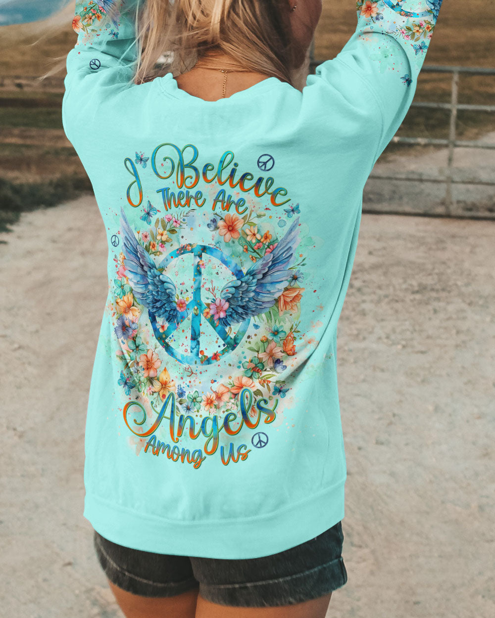 I Believe There Are Angels Among Us Floral Peace Sign Wings AOP Shirts _3_ H04sL