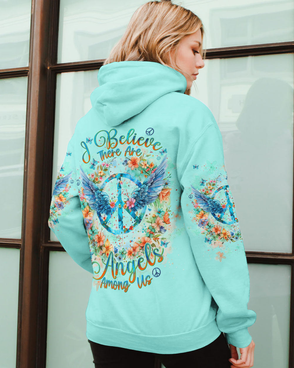 I Believe There Are Angels Among Us Floral Peace Sign Wings AOP Shirts _8_ 9uVg3