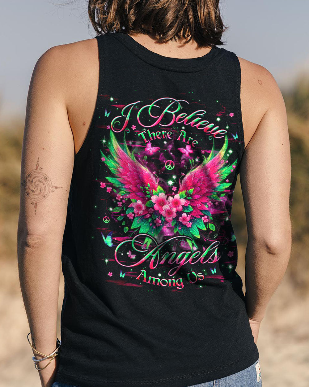 I Believe There Are Angels Among Us Floral Wings Butterfly Graphic Tee for Women AOP Shirts _11_ pBl8e