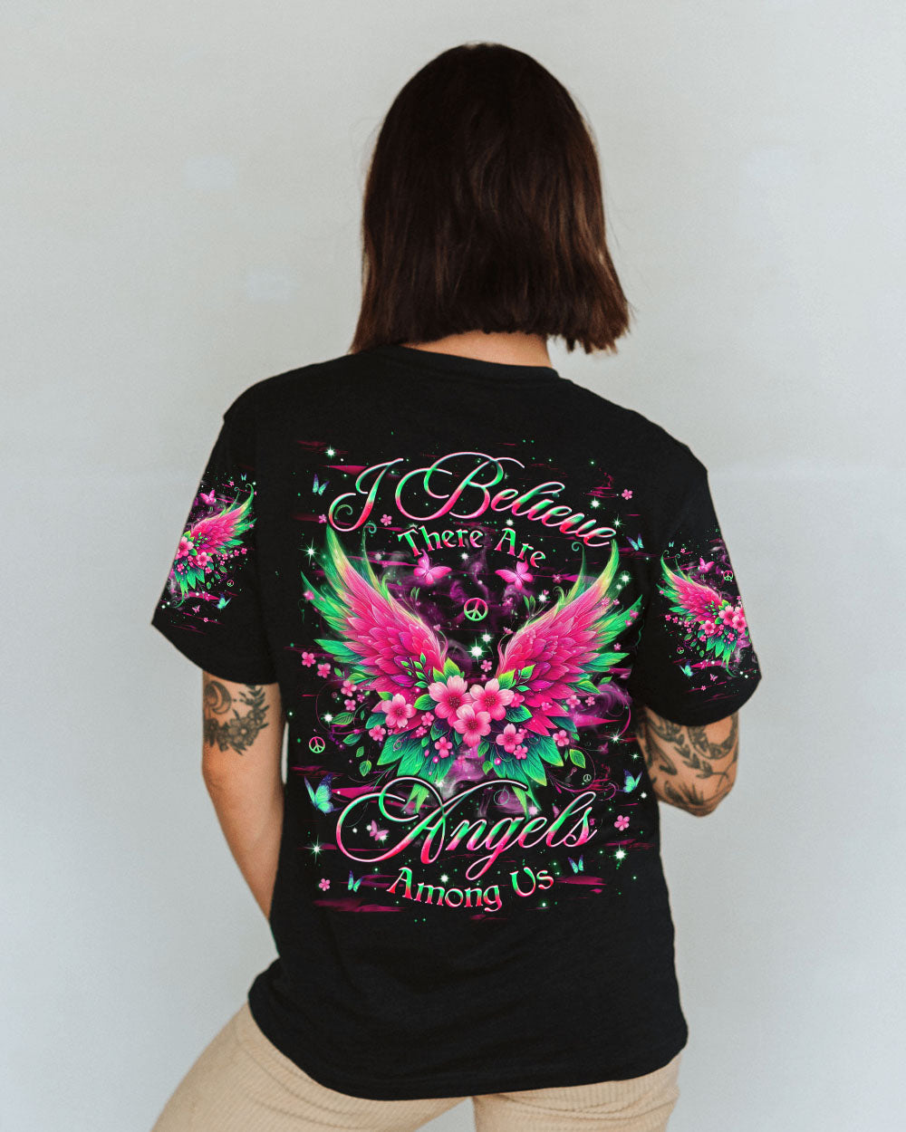 I Believe There Are Angels Among Us Floral Wings Butterfly Graphic Tee for Women AOP Shirts _12_ 54oHp