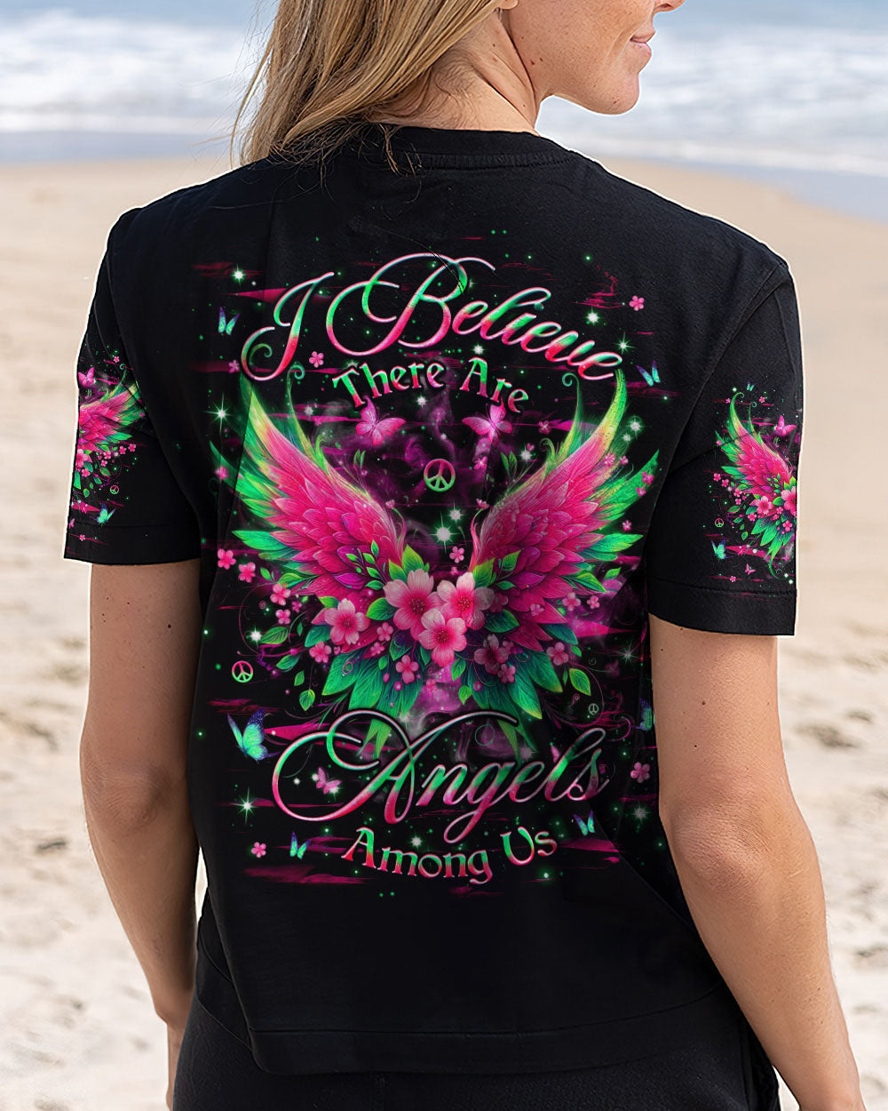 I Believe There Are Angels Among Us Floral Wings Butterfly Graphic Tee for Women AOP Shirts _3_ aRpKr