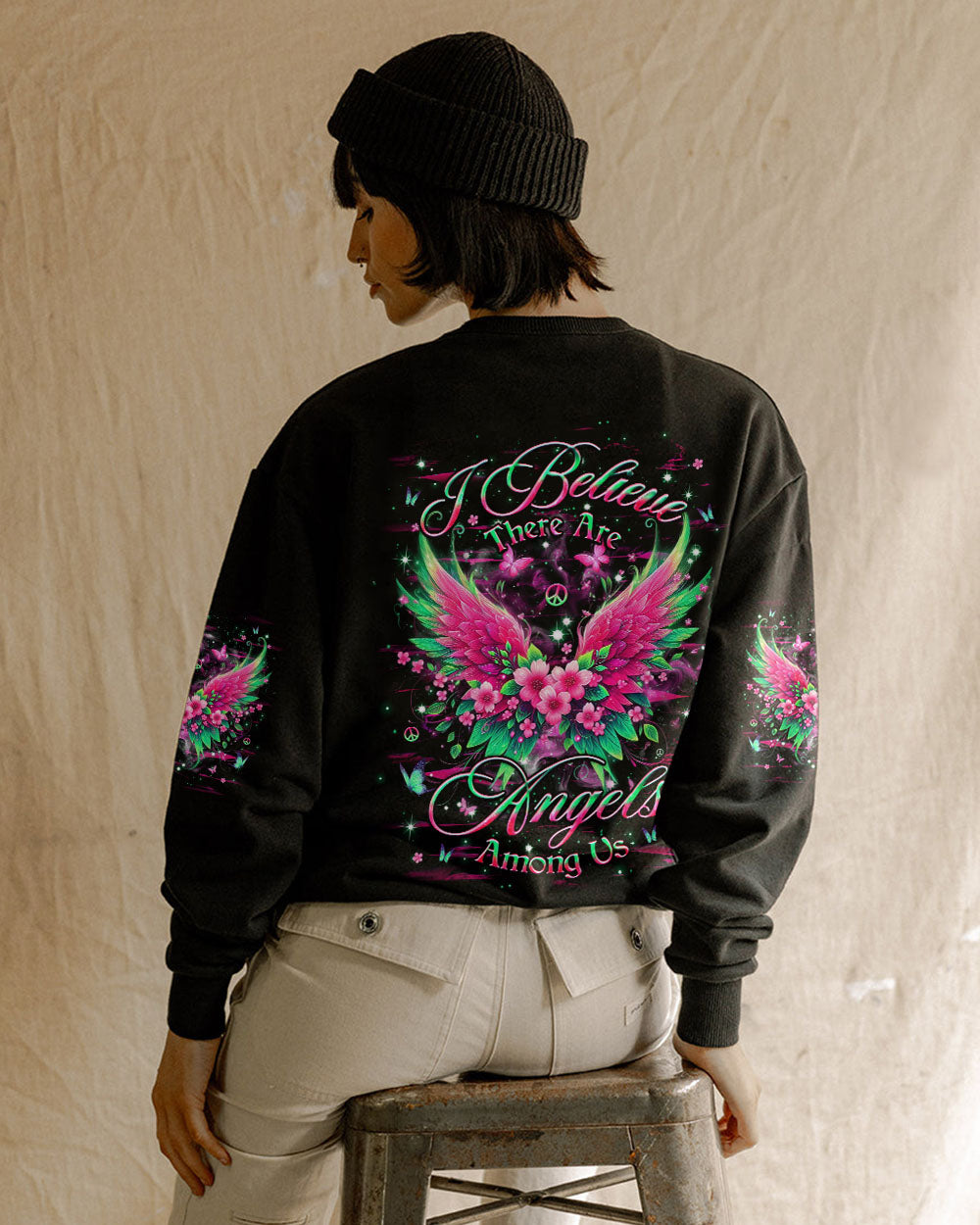 I Believe There Are Angels Among Us Floral Wings Butterfly Graphic Tee for Women AOP Shirts _7_ O7KtS