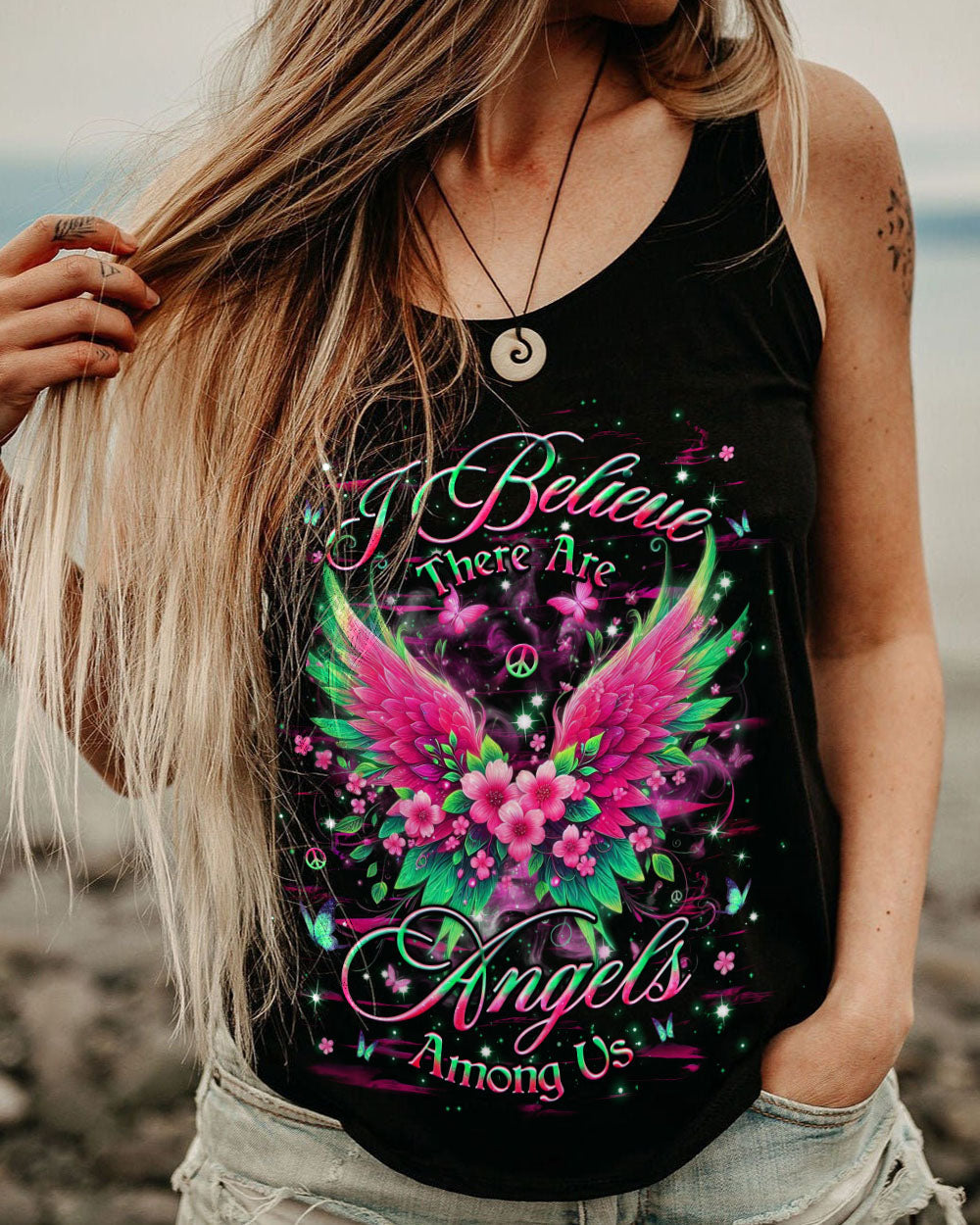 I Believe There Are Angels Among Us Floral Wings Butterfly Graphic Tee for Women AOP Shirts _9_ sW3eg