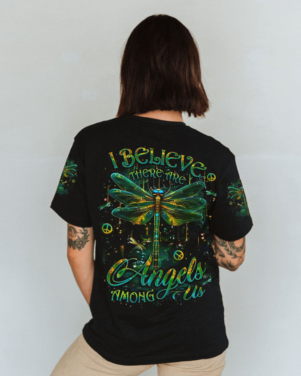 I Believe There Are Angels Among Us Green Dragonfly Peace Symbols AOP Shirts _10_ CpsuF