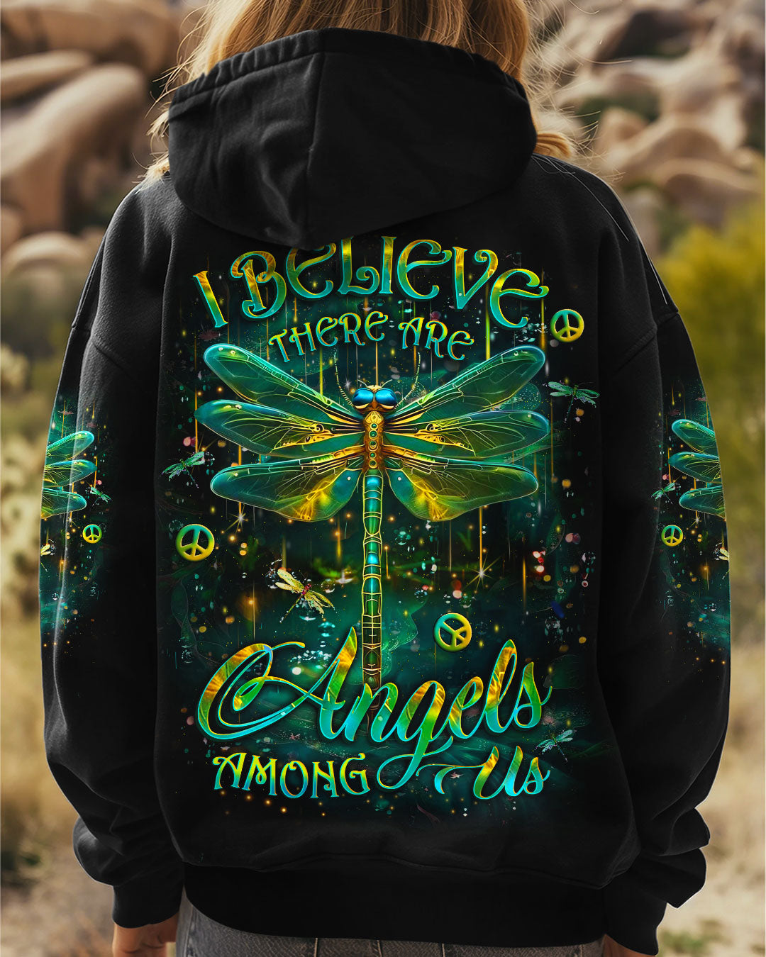 I Believe There Are Angels Among Us Green Dragonfly Peace Symbols AOP Shirts _1_ obFkq