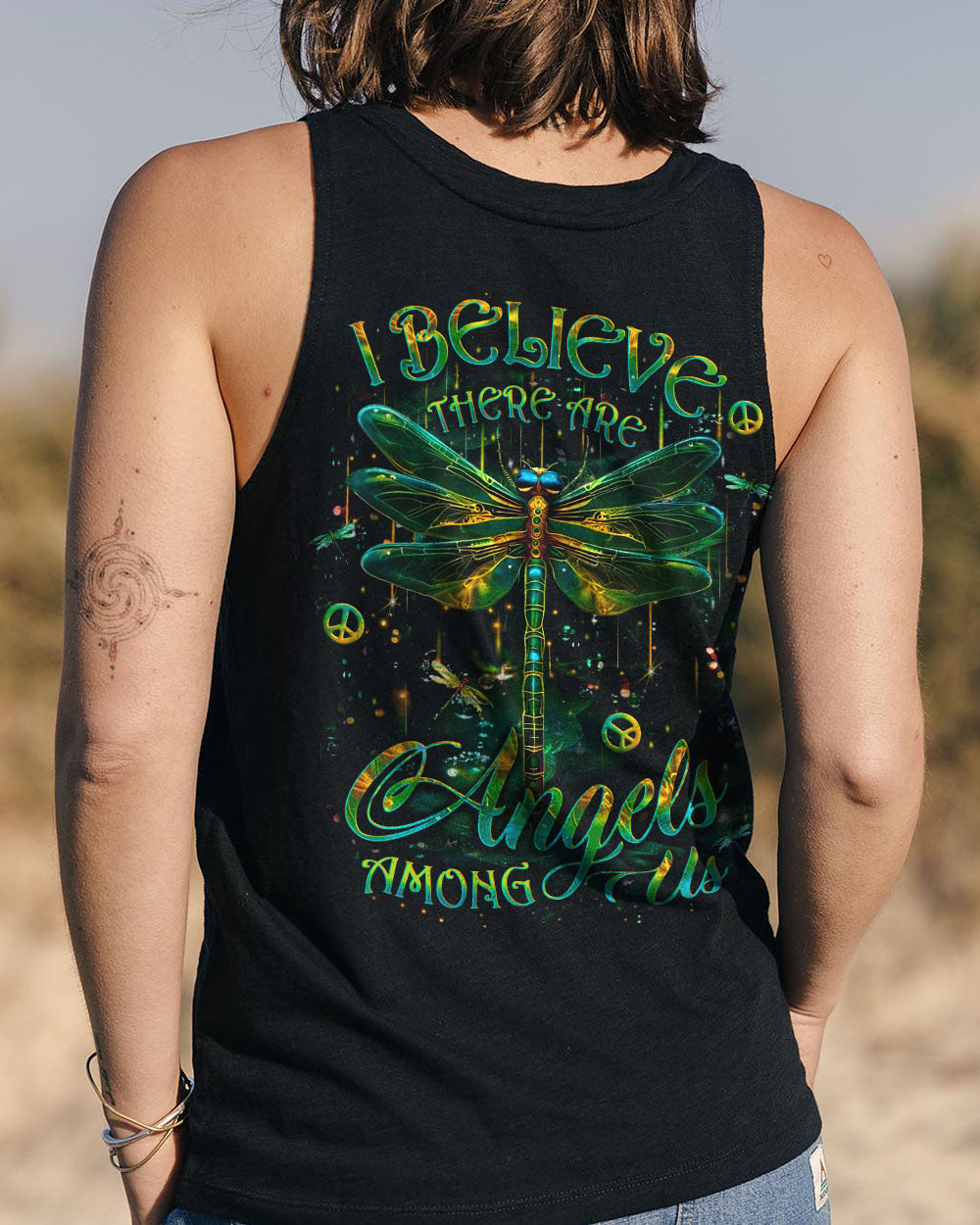 I Believe There Are Angels Among Us Green Dragonfly Peace Symbols AOP Shirts _7_ Mcmtb