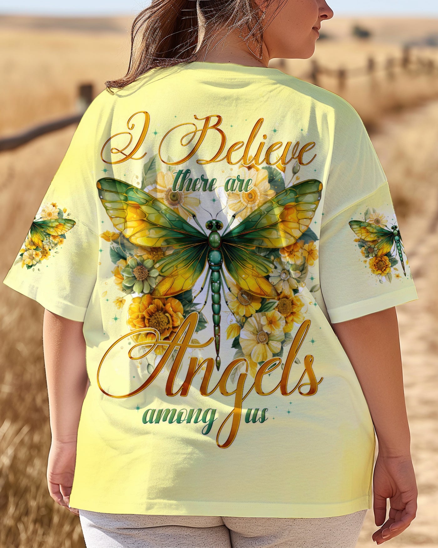I Believe There Are Angels Among Us Green Dragonfly and Sunflower Design AOP Shirts _10_ jFhQE