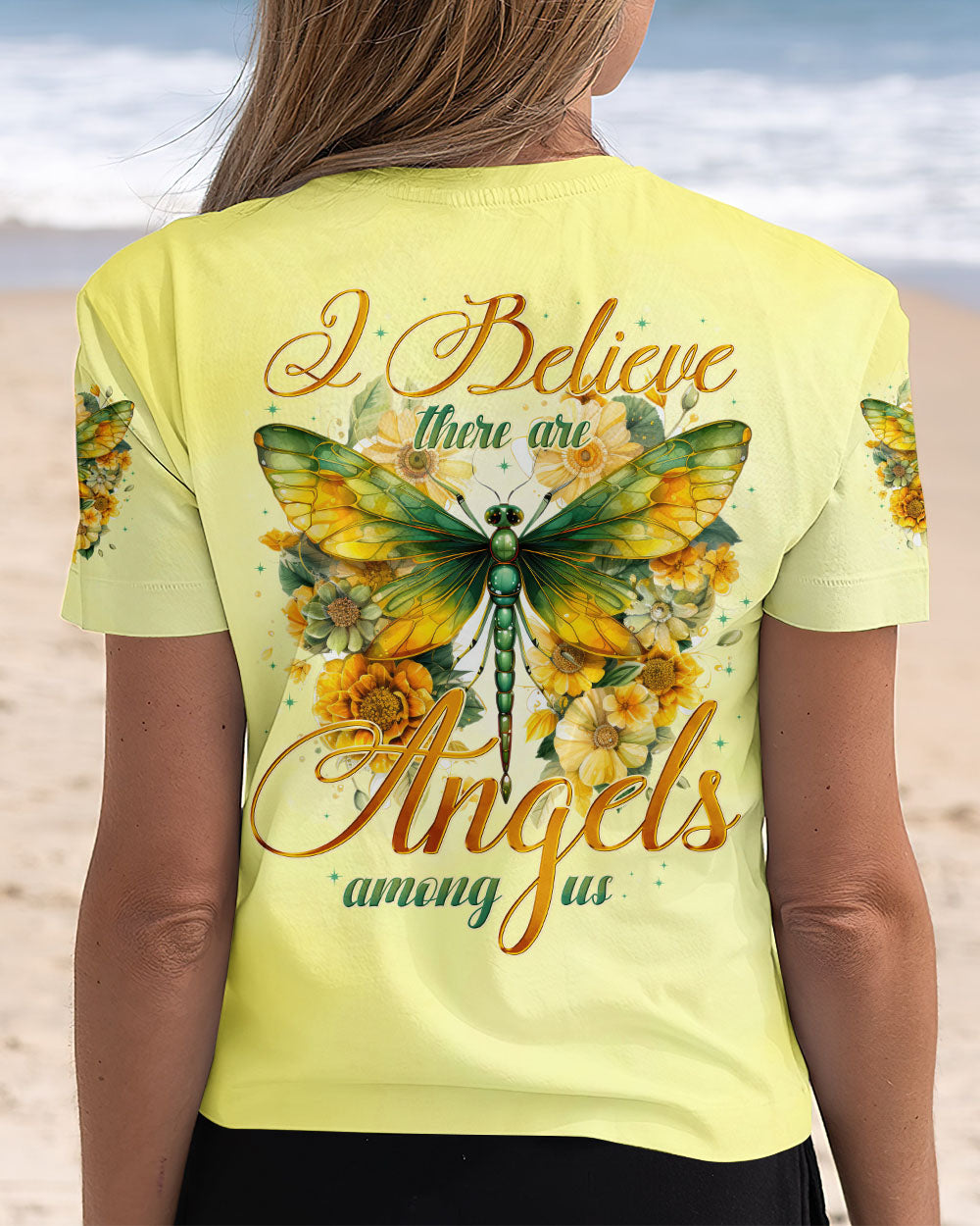 I Believe There Are Angels Among Us Green Dragonfly and Sunflower Design AOP Shirts _12_ tWDzV