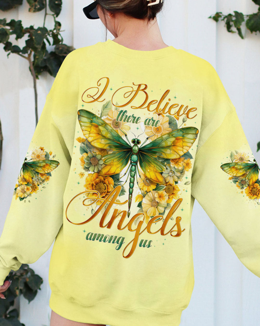 I Believe There Are Angels Among Us Green Dragonfly and Sunflower Design AOP Shirts _3_ 6kDv2