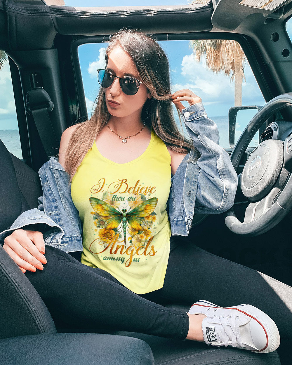 I Believe There Are Angels Among Us Green Dragonfly and Sunflower Design AOP Shirts _5_ Ud3RY