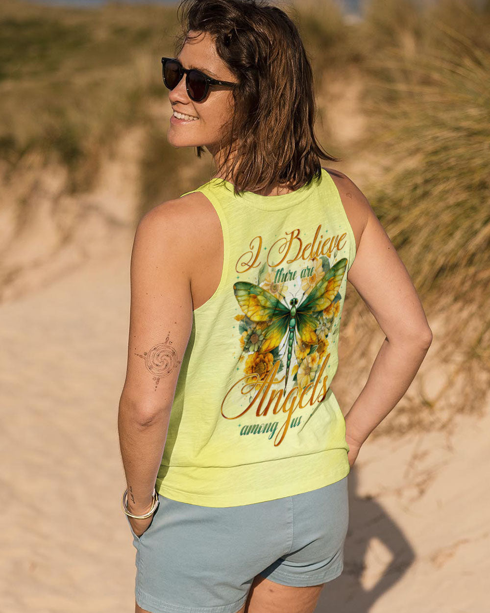 I Believe There Are Angels Among Us Green Dragonfly and Sunflower Design AOP Shirts _7_ 572fp
