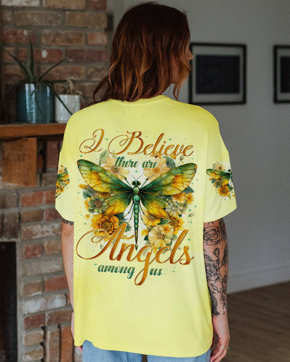 I Believe There Are Angels Among Us Green Dragonfly and Sunflower Design AOP Shirts _8_ Rx4GH