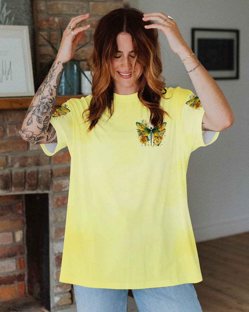 I Believe There Are Angels Among Us Green Dragonfly and Sunflower Design AOP Shirts _9_ SwUH7