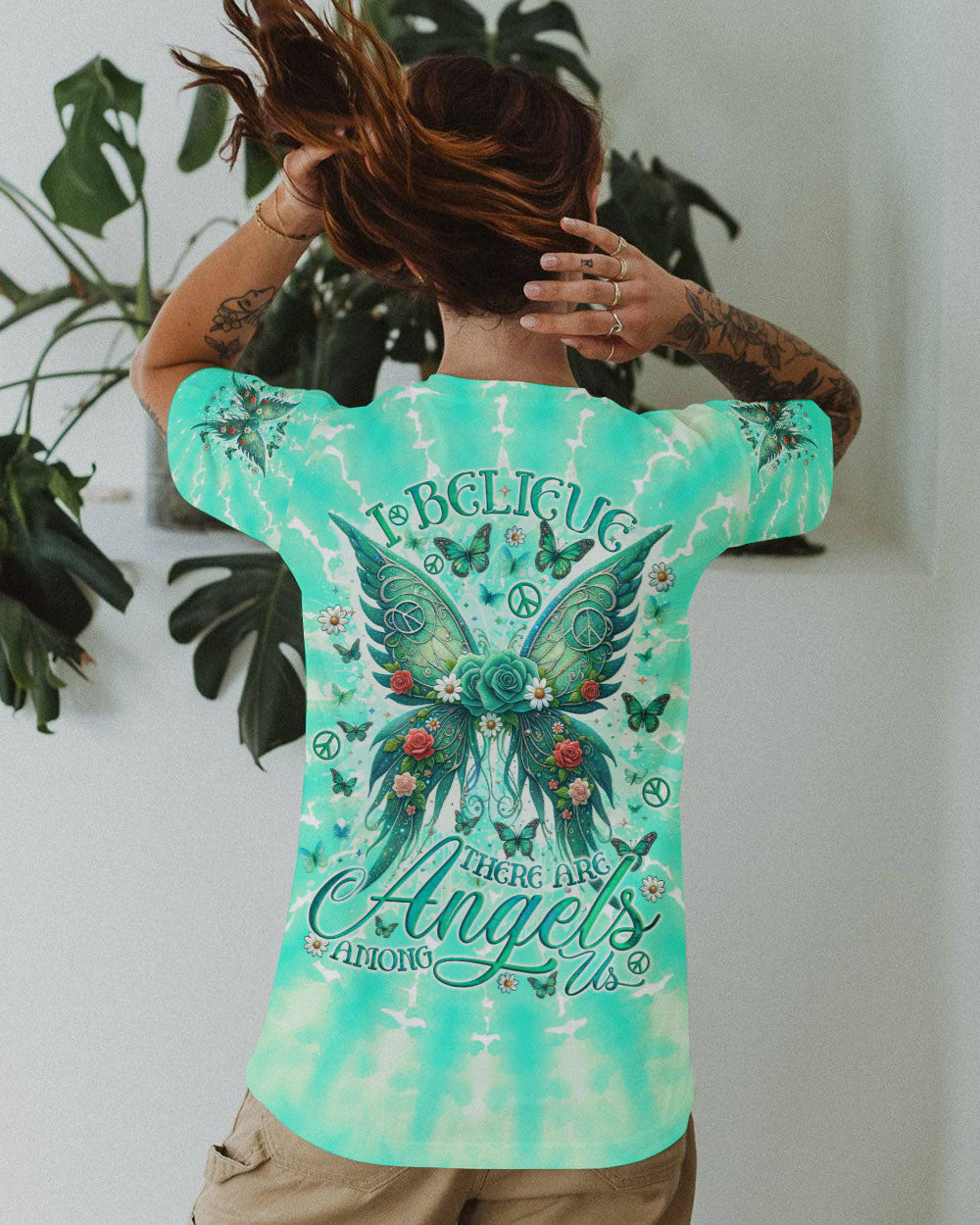I Believe There Are Angels Among Us Green Rose Butterfly Tie Dye AOP Shirts _10_ WlCya