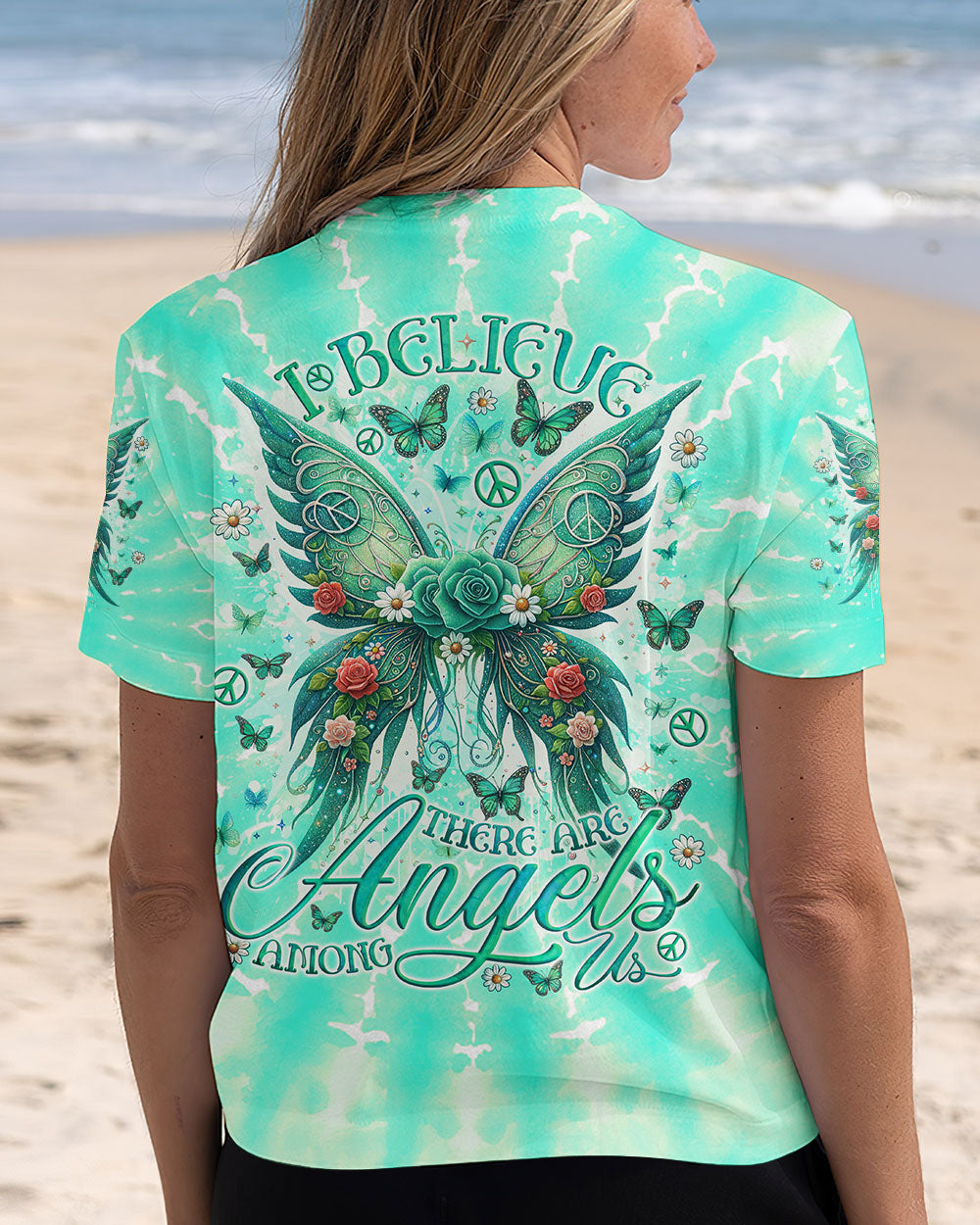 I Believe There Are Angels Among Us Green Rose Butterfly Tie Dye AOP Shirts _12_ Ywa1r
