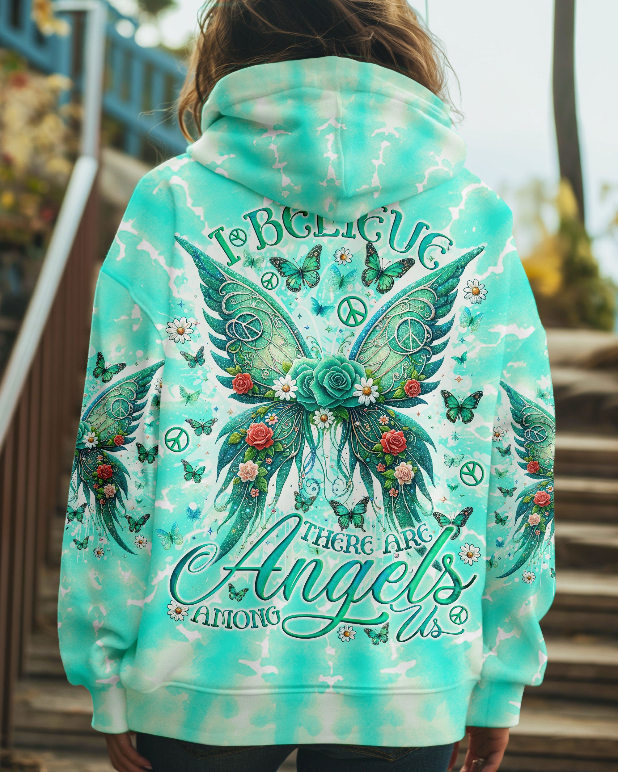 I Believe There Are Angels Among Us Green Rose Butterfly Tie Dye AOP Shirts _1_ Dxixa