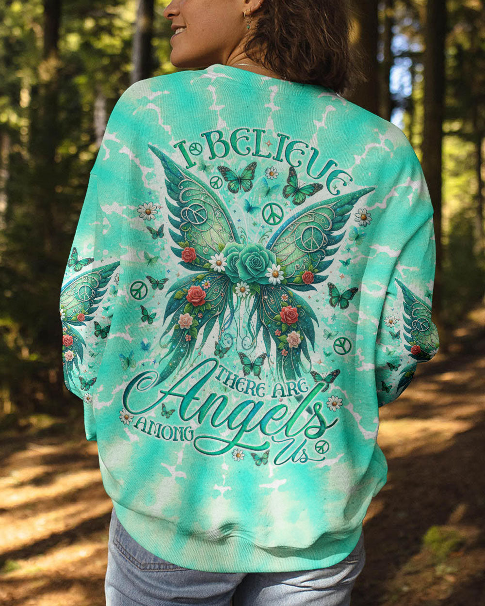 I Believe There Are Angels Among Us Green Rose Butterfly Tie Dye AOP Shirts _3_ MAy9f