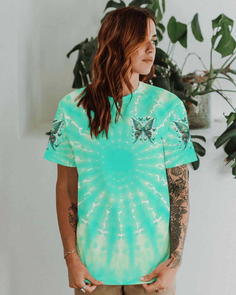 I Believe There Are Angels Among Us Green Rose Butterfly Tie Dye AOP Shirts _9_ MQHME