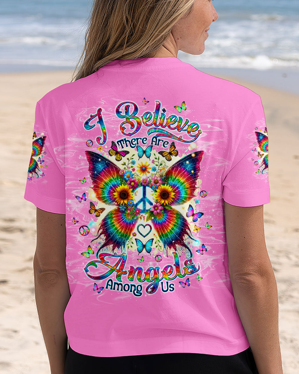 I Believe There Are Angels Among Us Hippie Butterfly and Peace Sign AOP Shirts _13_ sdmDL