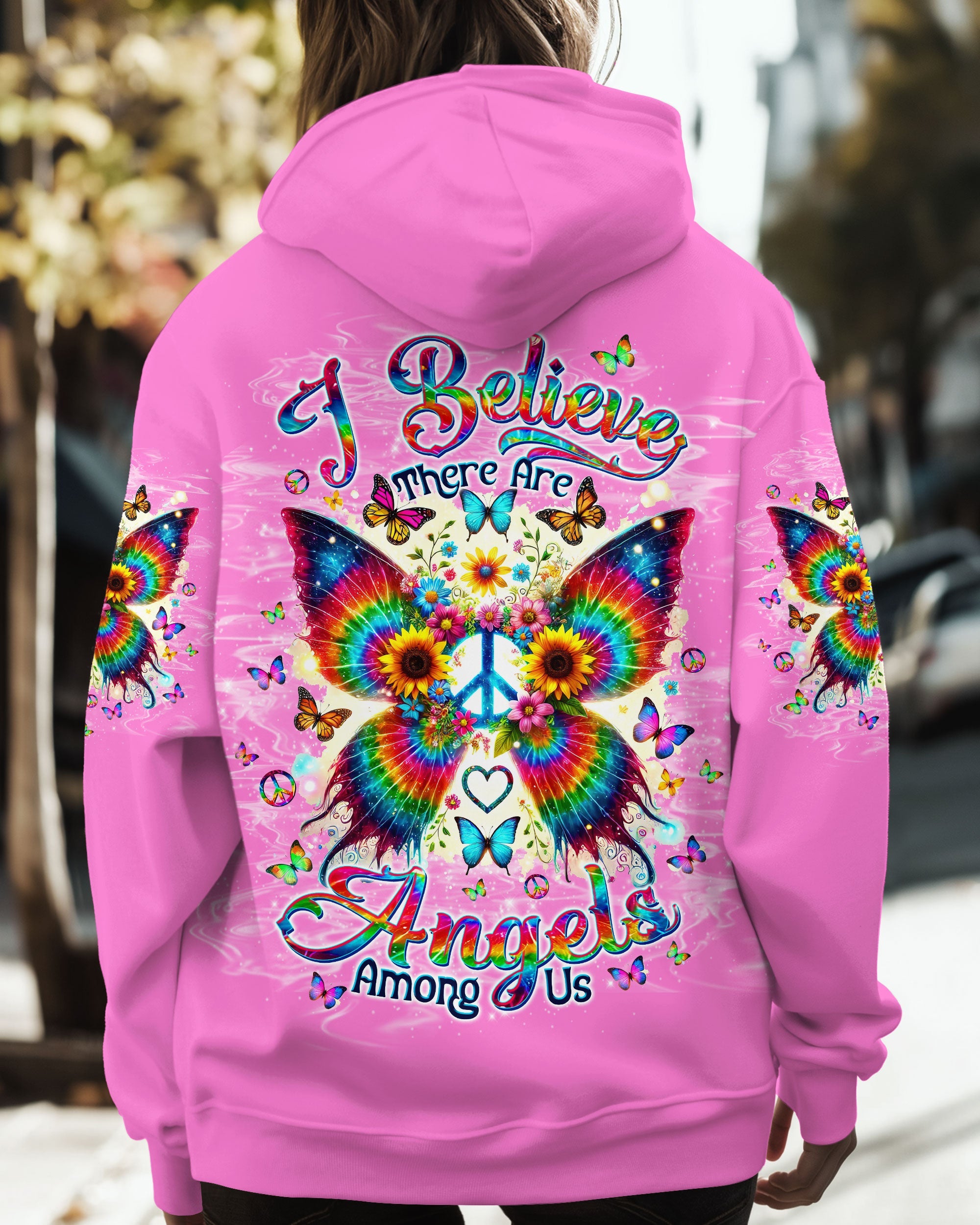 I Believe There Are Angels Among Us Hippie Butterfly and Peace Sign AOP Shirts _1_ NwGEm