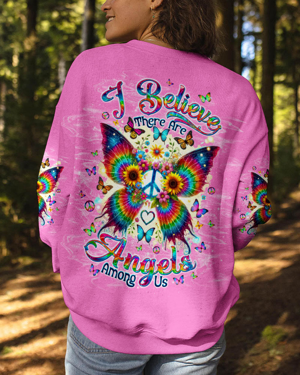 I Believe There Are Angels Among Us Hippie Butterfly and Peace Sign AOP Shirts _3_ mbsY4