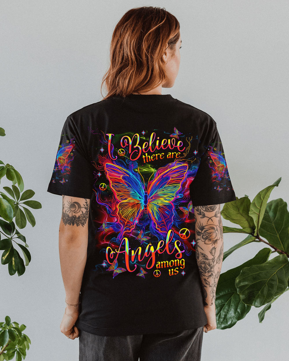 I Believe There Are Angels Among Us Neon Butterfly and Peace Graphic AOP Shirts _12_ ryDWg