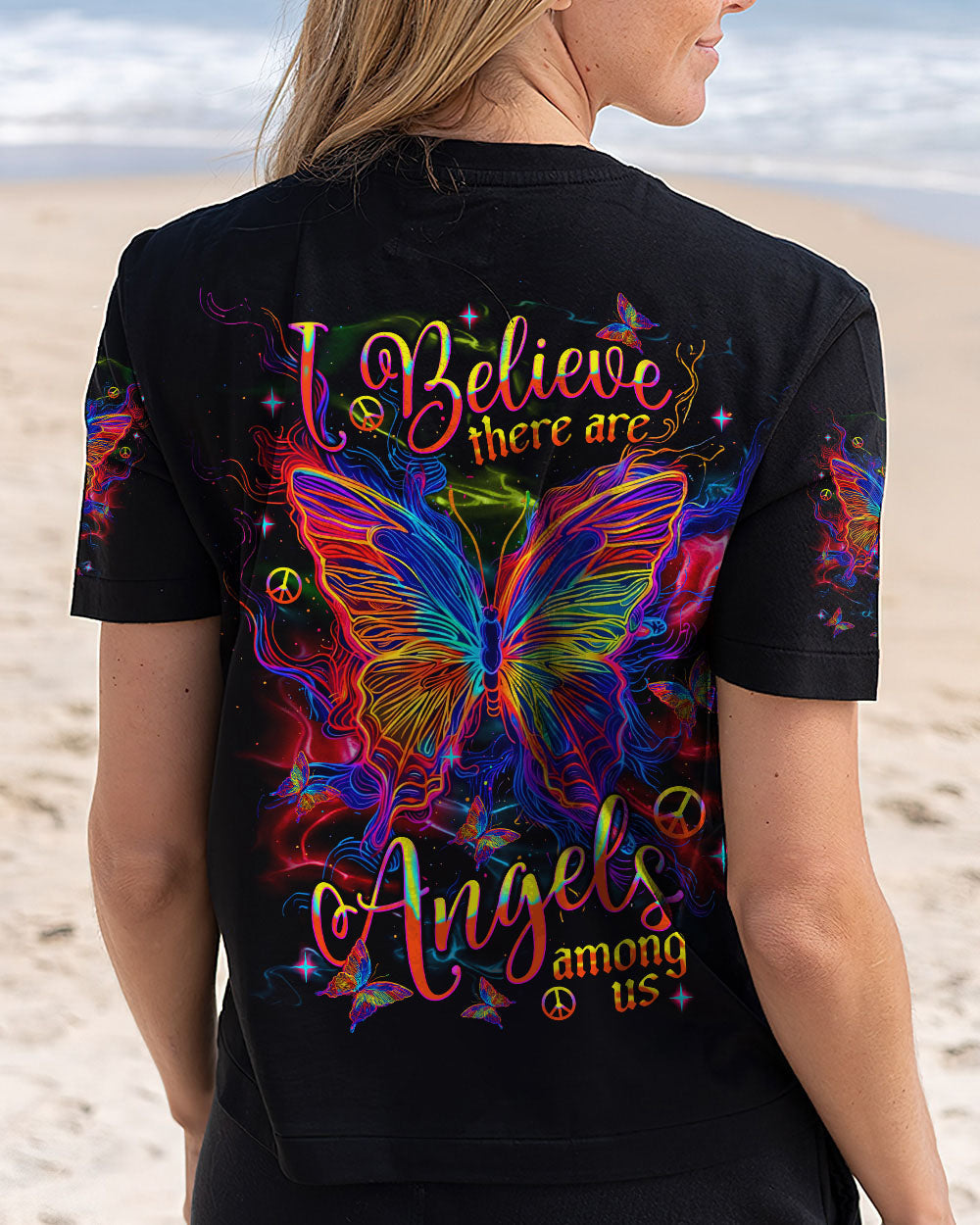 I Believe There Are Angels Among Us Neon Butterfly and Peace Graphic AOP Shirts _3_ HzhCs