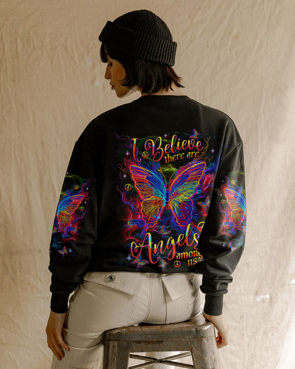 I Believe There Are Angels Among Us Neon Butterfly and Peace Graphic AOP Shirts _7_ IhP0m
