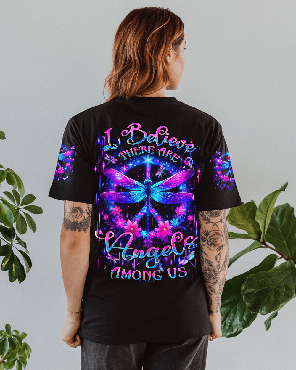 I Believe There Are Angels Among Us Neon Dragonfly Floral Peace Sign AOP Shirts _10_ qBk8C