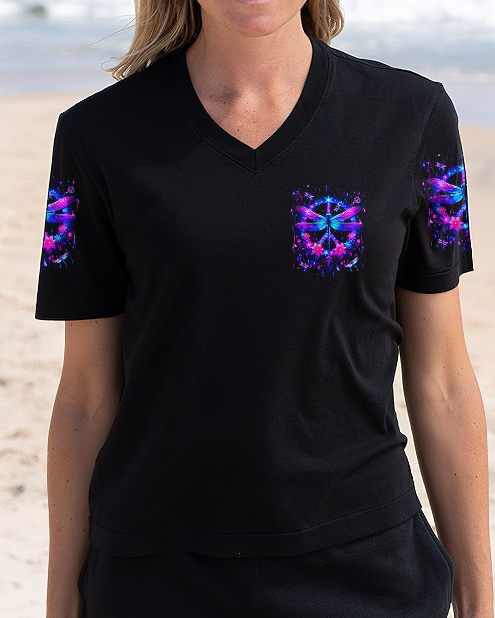 I Believe There Are Angels Among Us Neon Dragonfly Floral Peace Sign AOP Shirts _11_ uGmfN
