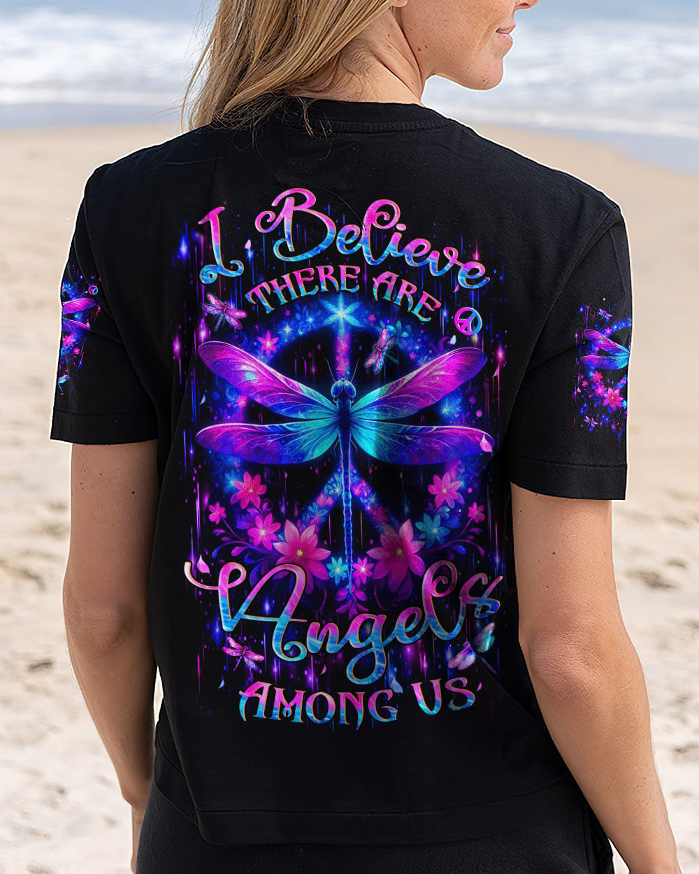 I Believe There Are Angels Among Us Neon Dragonfly Floral Peace Sign AOP Shirts _12_ 1BI0D