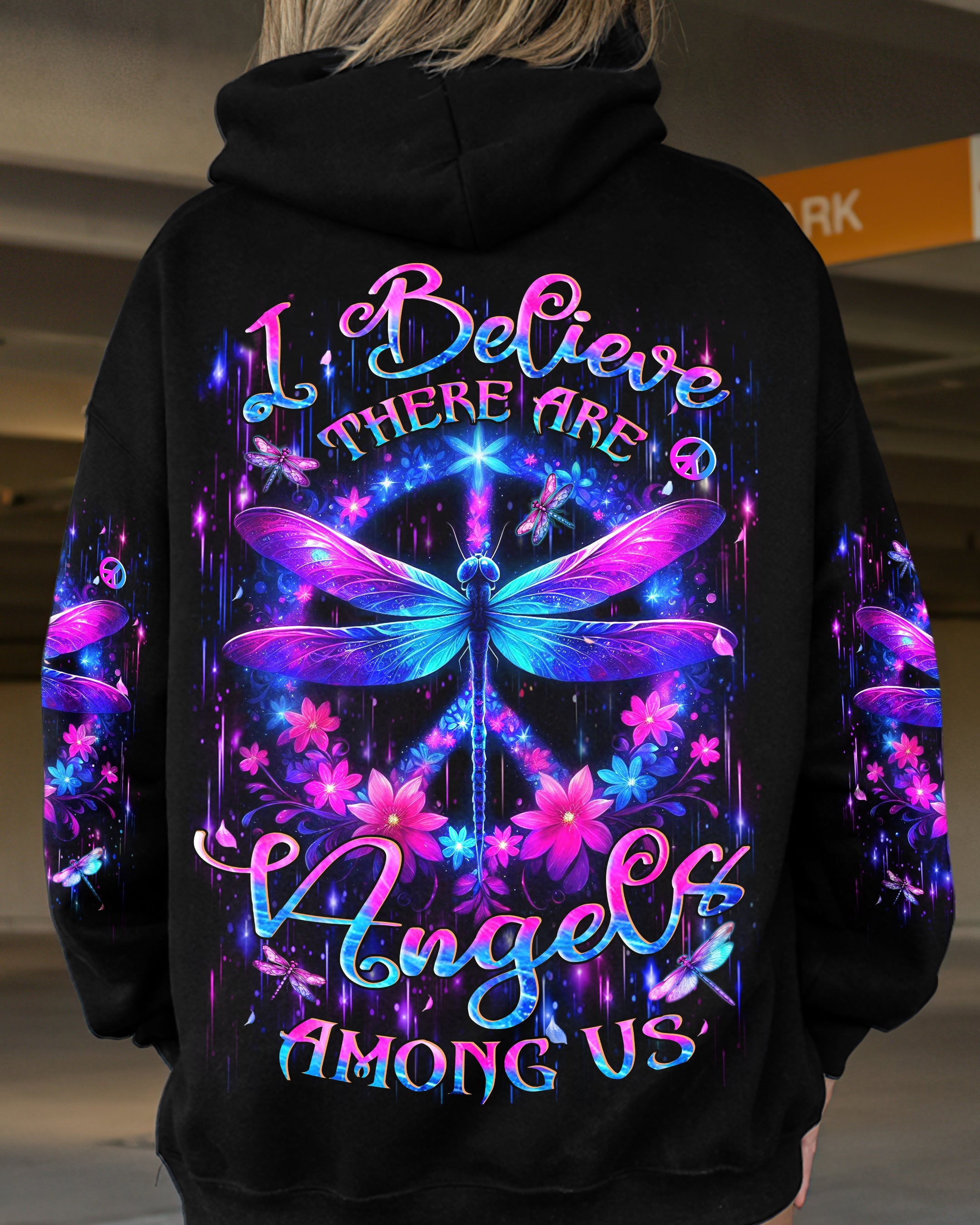 I Believe There Are Angels Among Us Neon Dragonfly Floral Peace Sign AOP Shirts _1_ UFxLf
